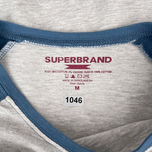 Superbrand Baseball T-Shirt 3/4 Sleeve Raglan Tee Crewneck Gray & Blue Womens M - Picture 4 of 8